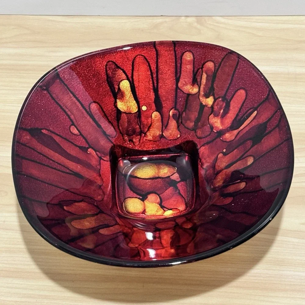 VTG Bowl Red Gold Black Enamel On Glass Underside Gold Foil Paint Italy Pier 1